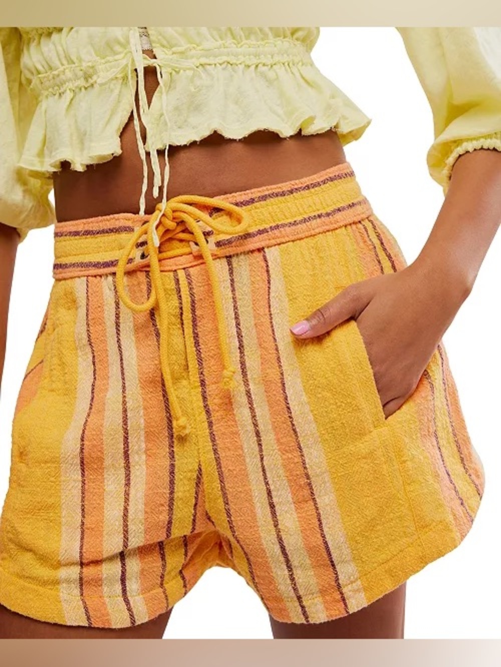 Free People Yellow & Orange Striped Drawstring Terry Shorts